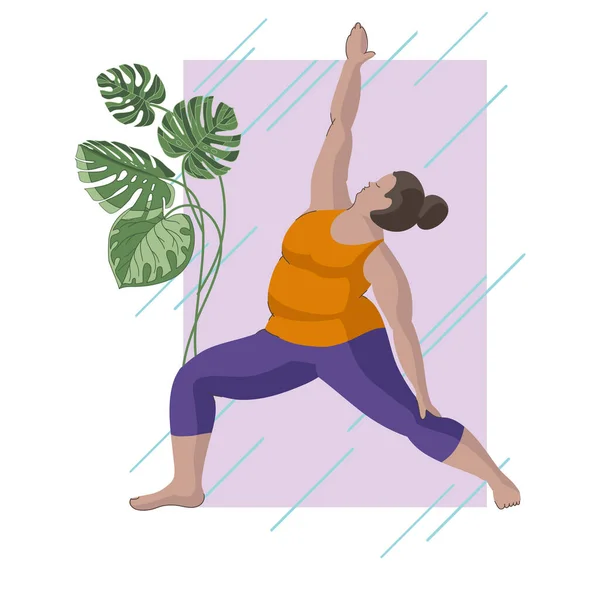 Mujer Talla Grande Haciendo Yoga Concepto Positivo Del Cuerpo Feliz — Vector de stock