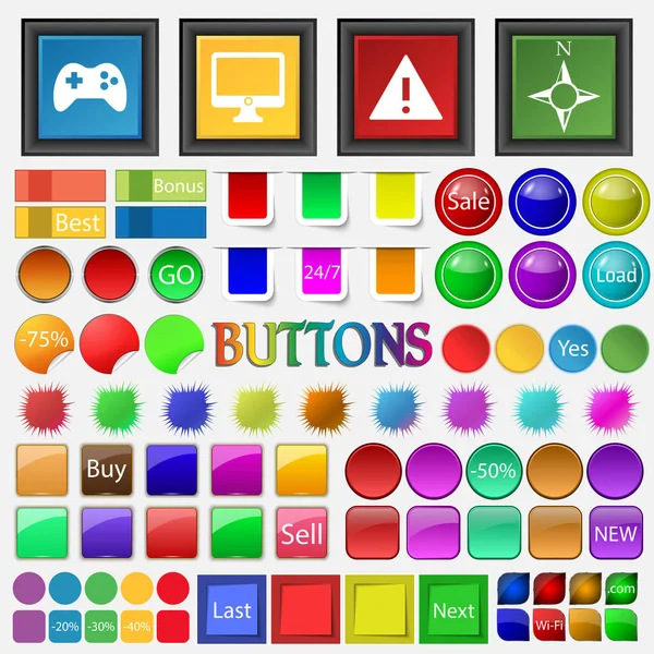 Joystick , monitor, note , compass icon. Big set buttons for your site. Vector — Stock Vector