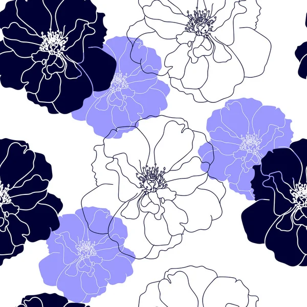 Nahtloses Muster mit blauen Blumen auf weißem Hintergrund. — Stockvektor