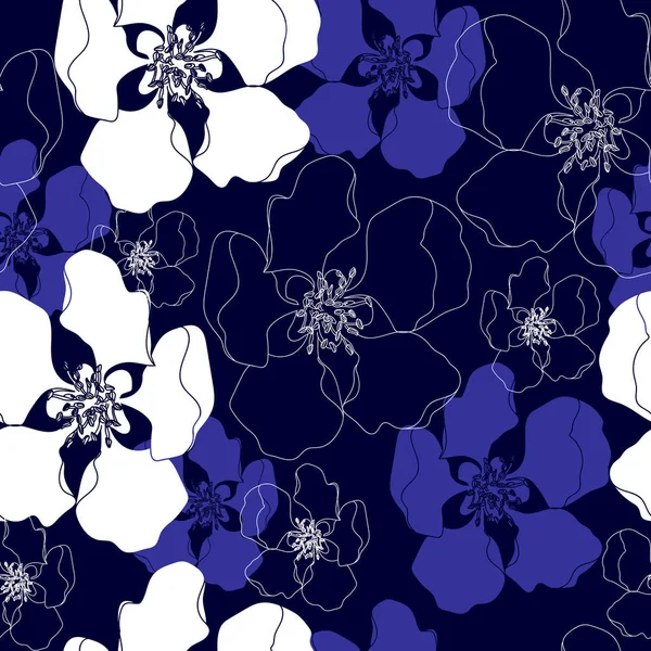 Padrão sem costura com flores brancas em um fundo azul. Textura floral desenhada à mão . — Vetor de Stock