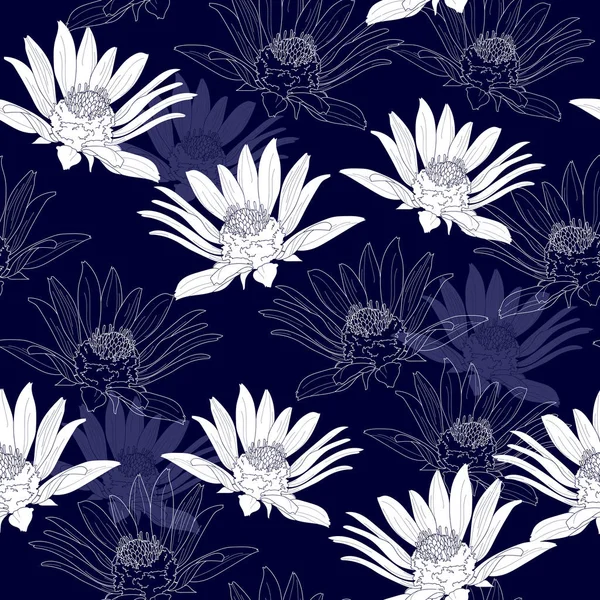Patrón sin costuras con flores blancas sobre un fondo azul. — Vector de stock