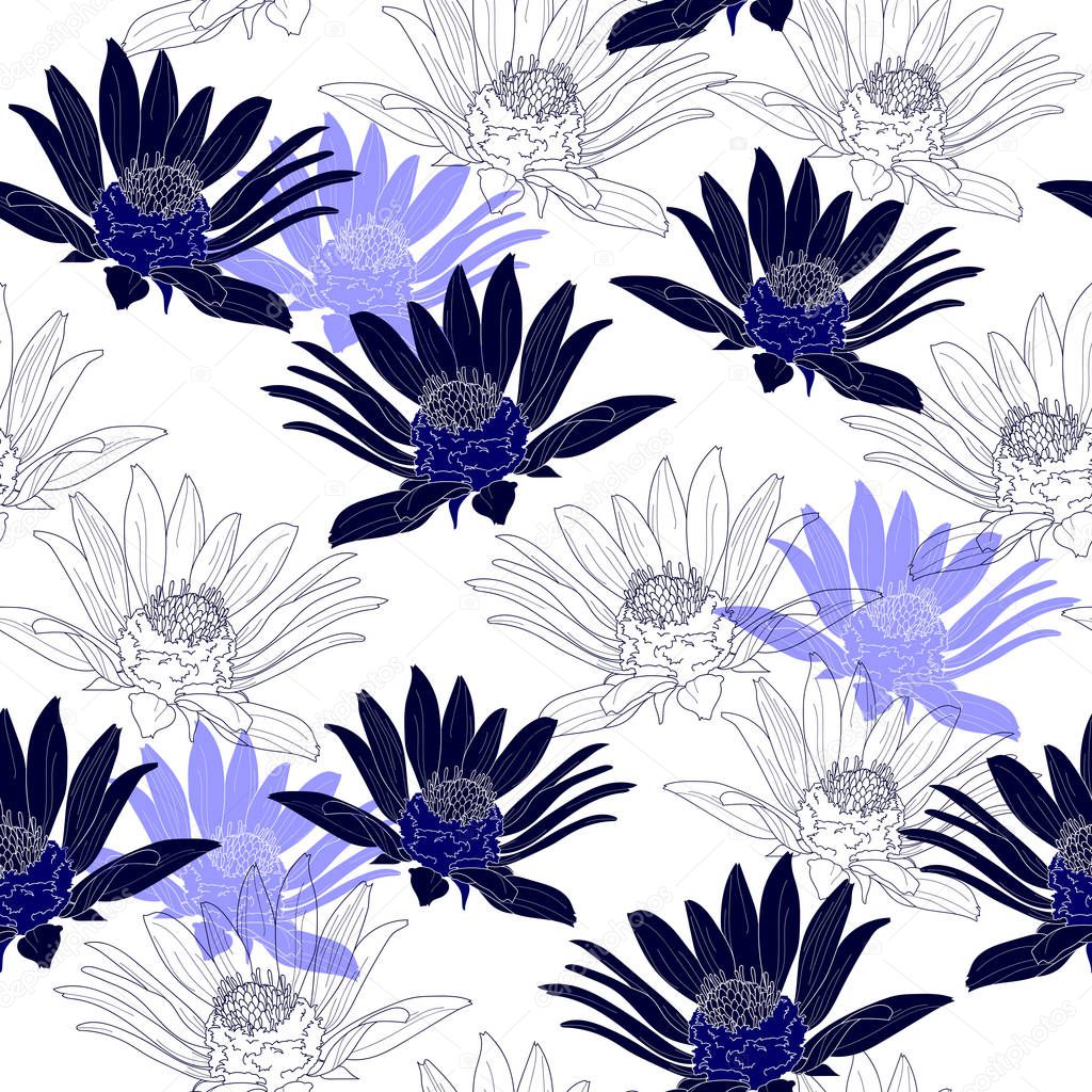 Seamless pattern with blue flowers on a white background.