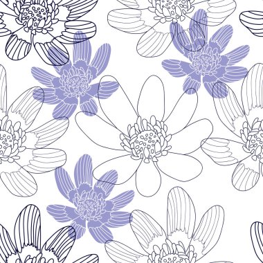 Beyaz zemin üzerinde mavi çiçekler ile Seamless modeli. Elle çizilmiş çiçek doku.