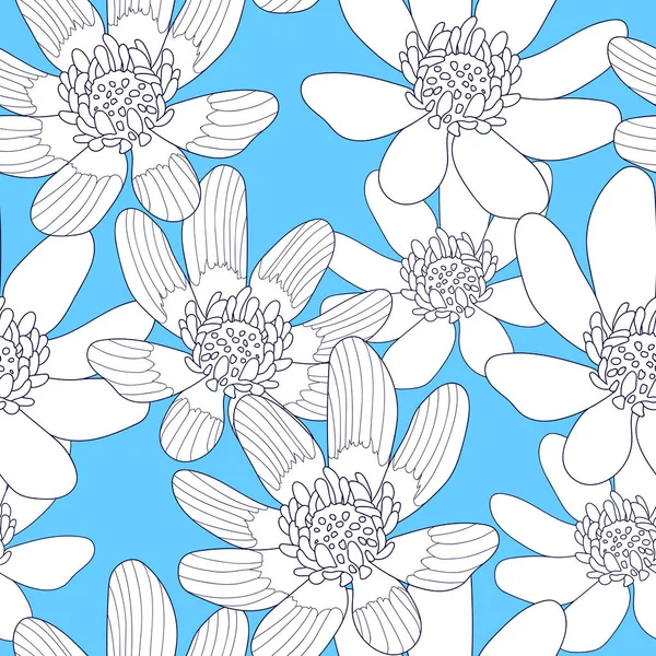 Patrón sin costuras con flores blancas sobre un fondo azul. Textura floral dibujada a mano . — Archivo Imágenes Vectoriales