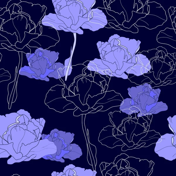 Pola mulus dengan bunga putih di latar belakang biru. Tekstur floral gambar tangan . - Stok Vektor