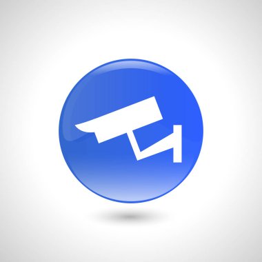 Blue round button with video surveillance icon for web design. clipart