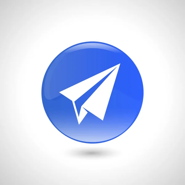 Mavi yuvarlak düğmesi ile kağıt uçak simgesi web tasarımı için.