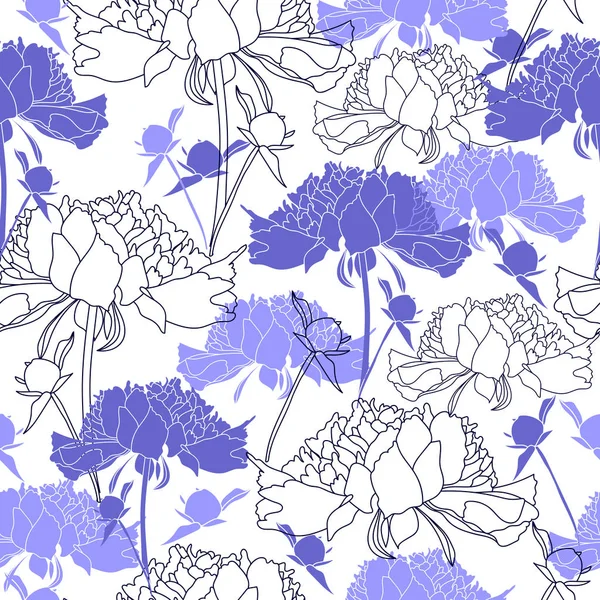흰색 바탕에 파란색 꽃으로 완벽 한 패턴입니다. 손으로 그린 꽃 질감. — 스톡 벡터