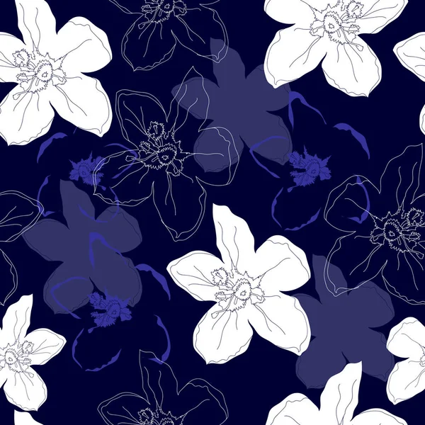 Patrón sin costuras con flores blancas sobre un fondo azul. Textura floral dibujada a mano . — Archivo Imágenes Vectoriales