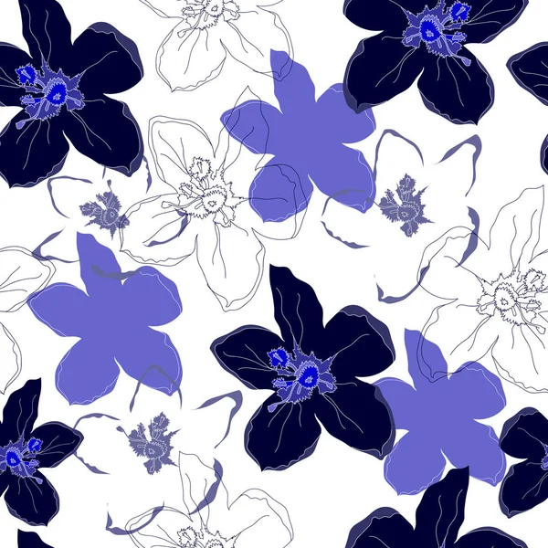 Seamless mönster med blå blommor på vit bakgrund. Handritad blommig textur. — Stock vektor