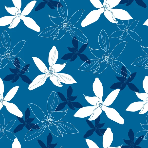 Безшовний візерунок з білими квітами на синьому фоні. Рука намальована квіткова текстура . — стоковий вектор