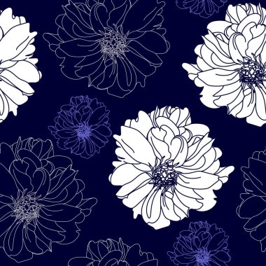 Mavi bir arka plan üzerinde beyaz çiçekler ile Seamless modeli. Elle çizilmiş çiçek doku.