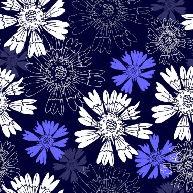 Mavi bir arka plan üzerinde beyaz çiçekler ile Seamless modeli. Elle çizilmiş çiçek doku.