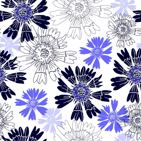 Seamless pattern with blue flowers on a white background. Hand drawn floral texture. — Stock Vector