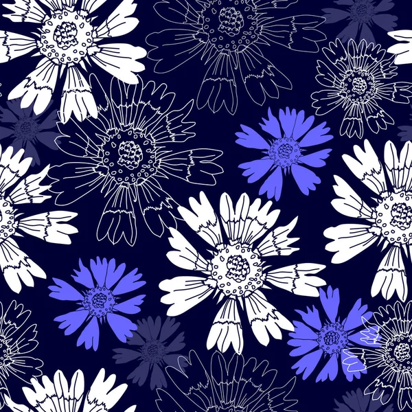 Mavi bir arka plan üzerinde beyaz çiçekler ile Seamless modeli. Elle çizilmiş çiçek doku.