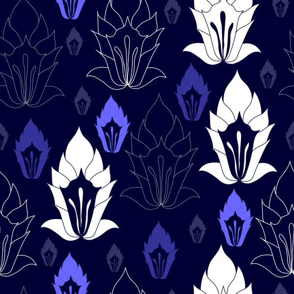 Patrón sin costuras con flores blancas sobre un fondo azul. Textura floral dibujada a mano . — Vector de stock