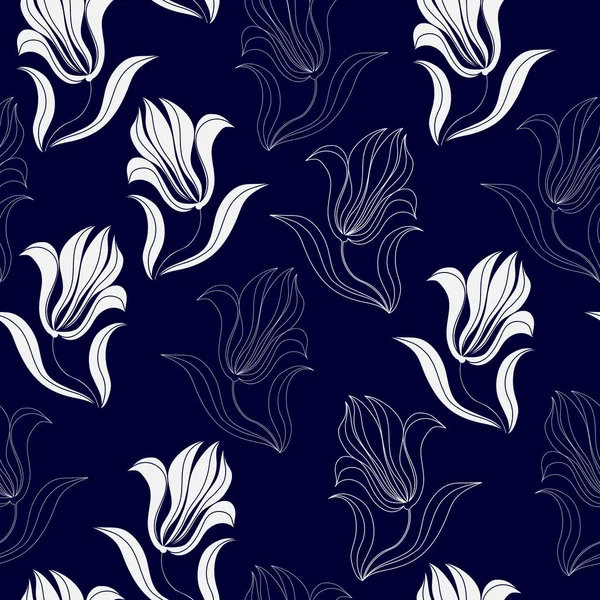 Patrón sin costuras con flores blancas sobre un fondo azul. Textura floral dibujada a mano . — Vector de stock