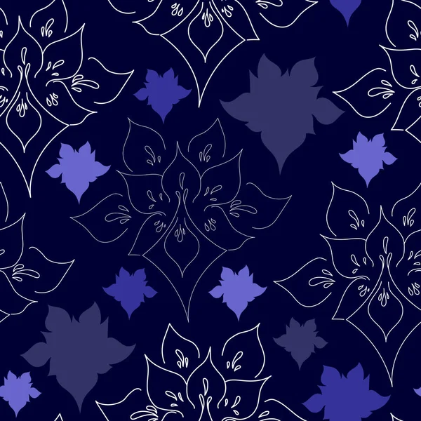 Nahtloses Muster mit weißen Blüten auf blauem Hintergrund. handgezeichnete florale Textur. — Stockvektor