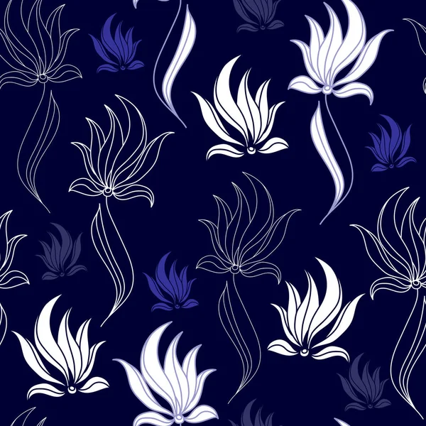 Patrón sin costuras con flores blancas sobre un fondo azul. Textura floral dibujada a mano . — Vector de stock