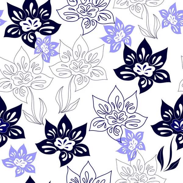 Nahtloses Muster mit blauen Blüten auf weißem Hintergrund. handgezeichnete florale Textur. — Stockvektor