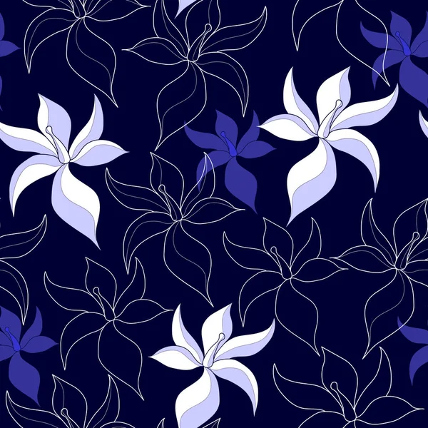 Patrón sin costuras con flores blancas sobre un fondo azul. Textura floral dibujada a mano . — Vector de stock