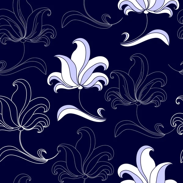 Padrão sem costura com flores brancas em um fundo azul. Textura floral desenhada à mão . — Vetor de Stock