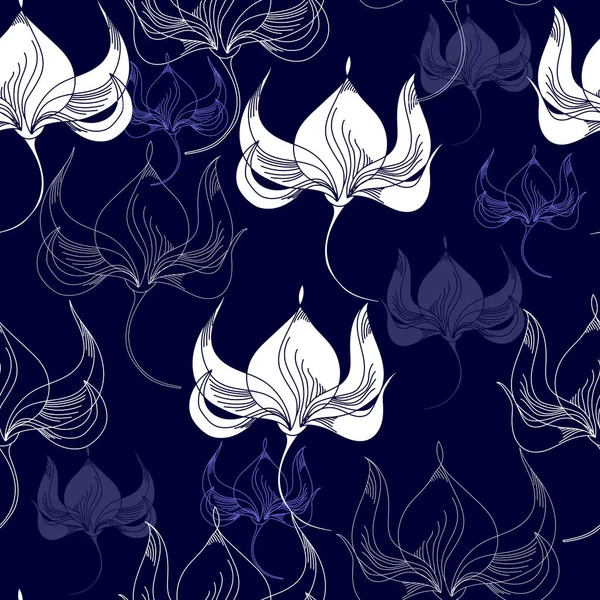 Patrón sin costuras con flores blancas sobre un fondo azul. Textura floral dibujada a mano . — Vector de stock