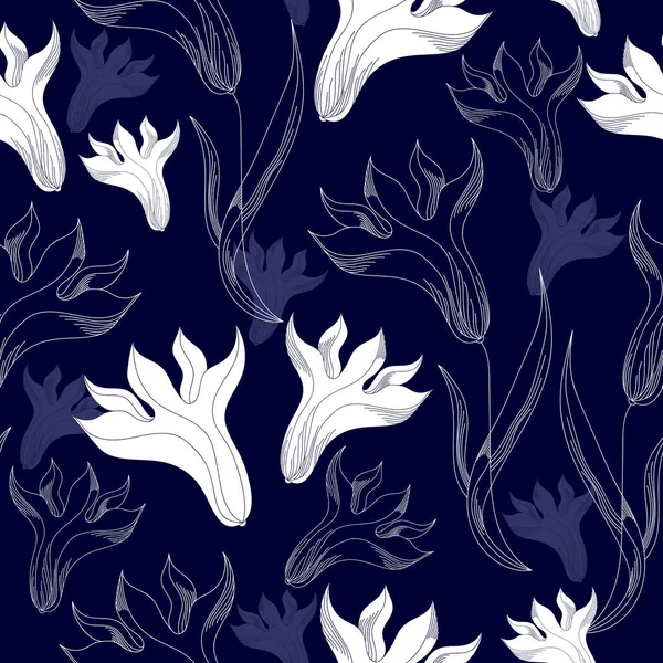 Seamless mönster med vita blommor på en blå bakgrund. Handritad blommig textur. — Stock vektor