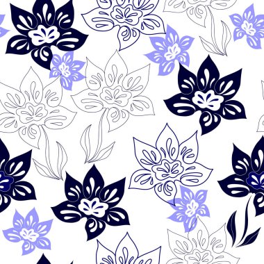 Beyaz zemin üzerinde mavi çiçekler ile Seamless modeli. Elle çizilmiş çiçek doku.