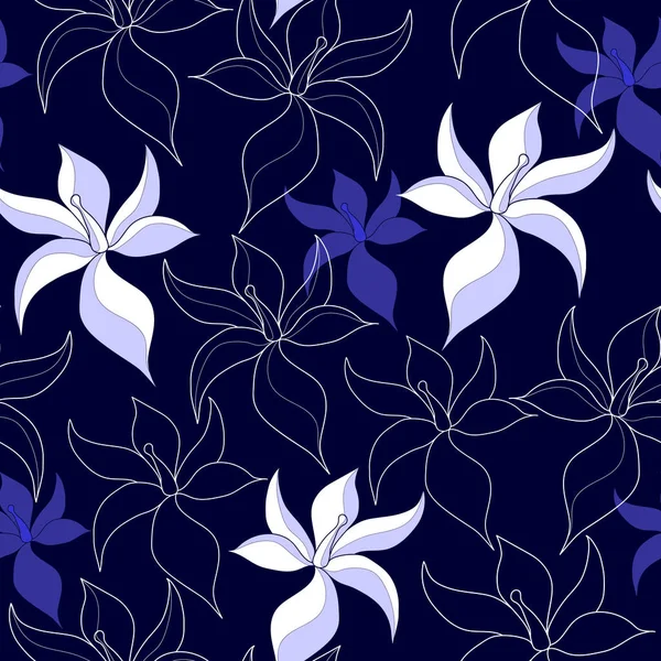 Χωρίς ραφή πρότυπο με τα άσπρα λουλούδια σε μπλε φόντο. Χέρι floral υφή. — Διανυσματικό Αρχείο