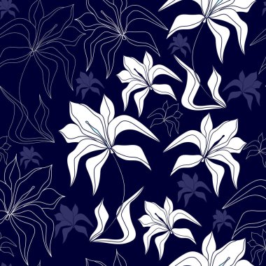 Mavi bir arka plan üzerinde beyaz çiçekler ile Seamless modeli. Elle çizilmiş çiçek doku.