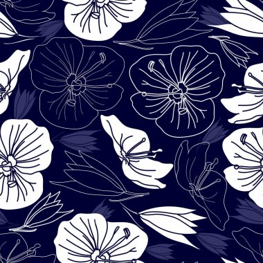 Mavi bir arka plan üzerinde beyaz çiçekler ile Seamless modeli. Elle çizilmiş çiçek doku.