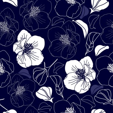 Mavi bir arka plan üzerinde beyaz çiçekler ile Seamless modeli. Elle çizilmiş çiçek doku.