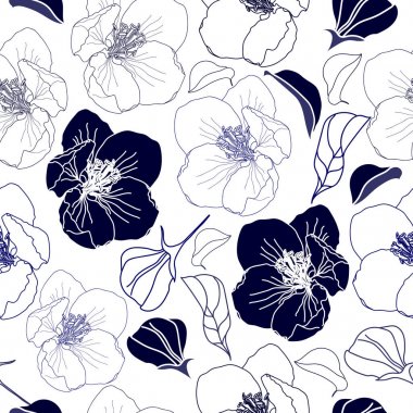 Beyaz zemin üzerinde mavi çiçekler ile Seamless modeli. Elle çizilmiş çiçek doku.