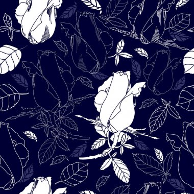 Mavi bir arka plan üzerinde beyaz çiçekler ile Seamless modeli. Elle çizilmiş çiçek doku.