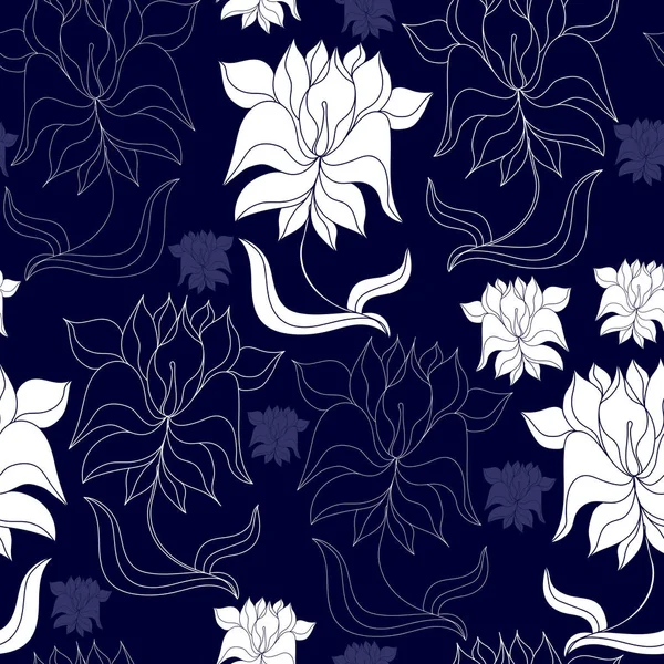 Nahtloses Muster mit weißen Blüten auf blauem Hintergrund. handgezeichnete florale Textur. — Stockvektor