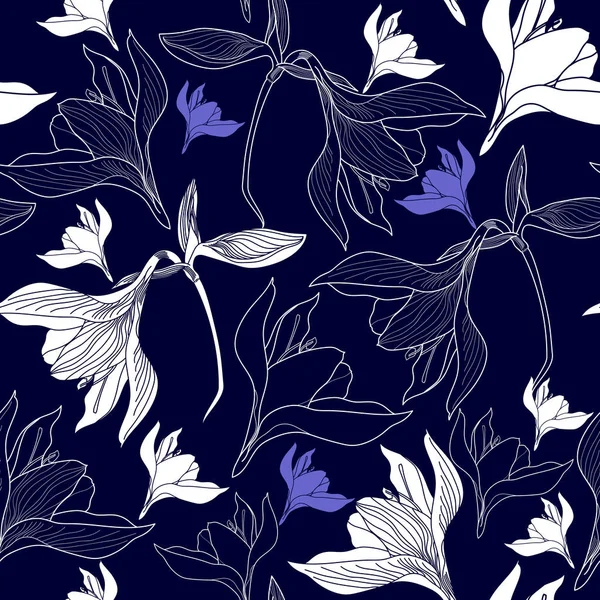 Patrón sin costuras con flores blancas sobre un fondo azul. Textura floral dibujada a mano . — Vector de stock