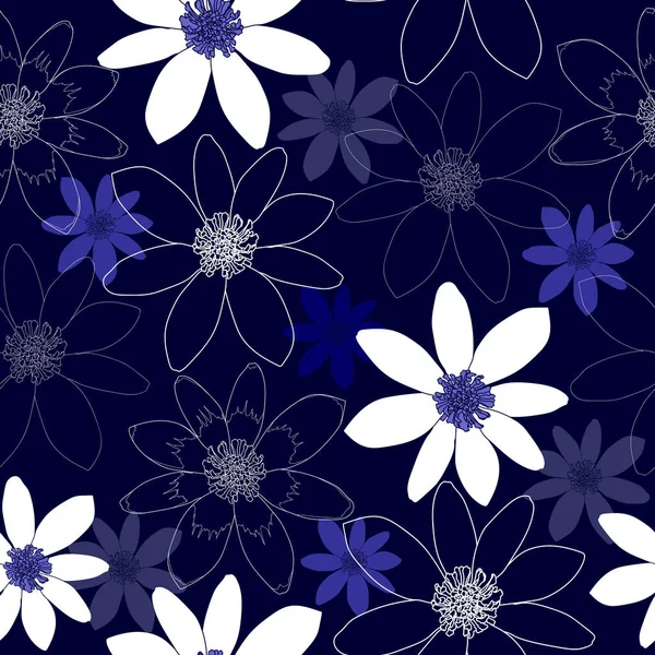Seamless pattern with white flowers on a blue background. Hand drawn floral texture. — Stock Vector