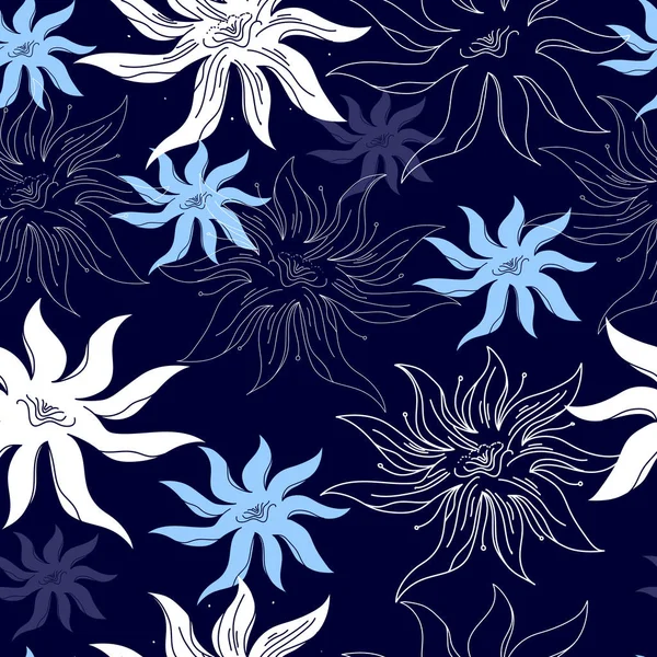 Modèle sans couture avec des fleurs blanches sur un fond bleu. Texture florale dessinée à la main . — Image vectorielle