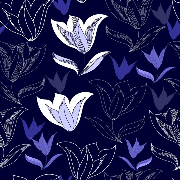 Mavi bir arka plan üzerinde beyaz çiçekler ile Seamless modeli. Elle çizilmiş çiçek doku. — Stok Vektör