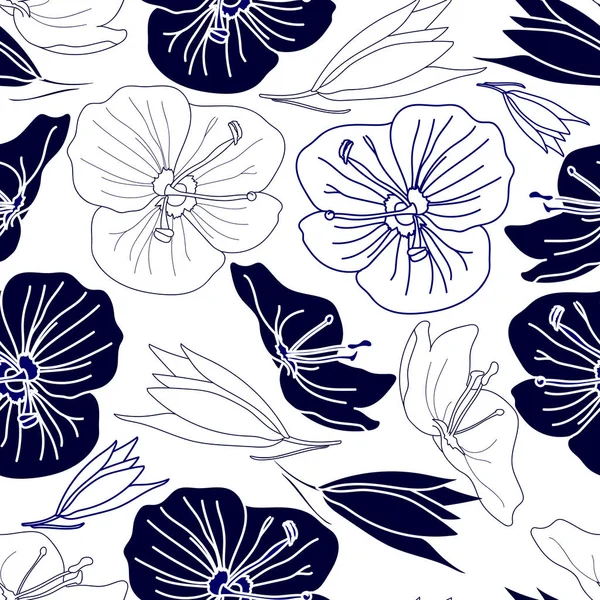 Nahtloses Muster mit blauen Blüten auf weißem Hintergrund. handgezeichnete florale Textur. — Stockvektor