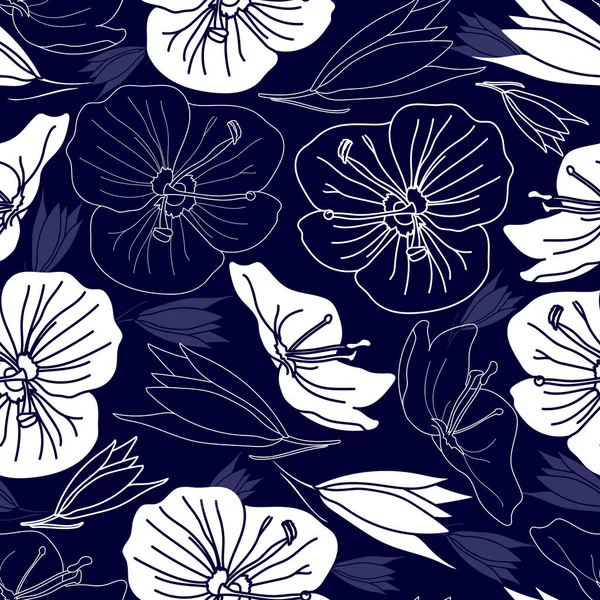 Padrão sem costura com flores brancas em um fundo azul. Textura floral desenhada à mão . —  Vetores de Stock