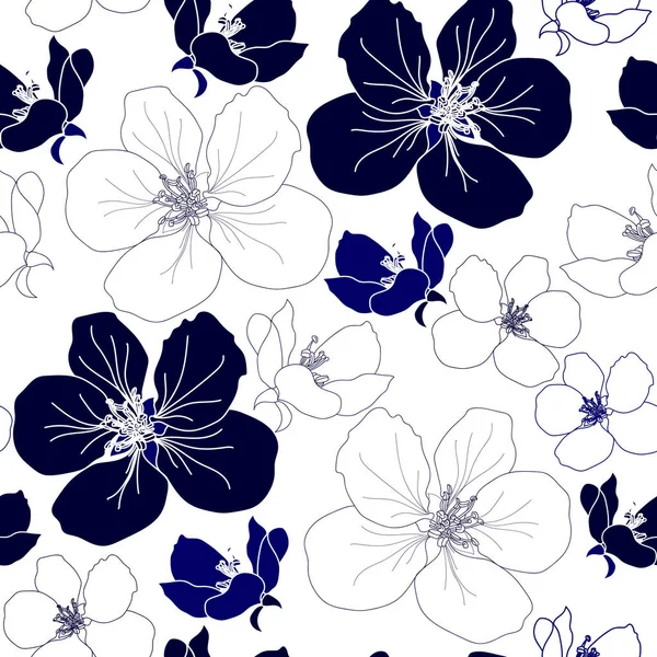 Seamless pattern with blue flowers on a white background. Hand drawn floral texture. — Stock Vector
