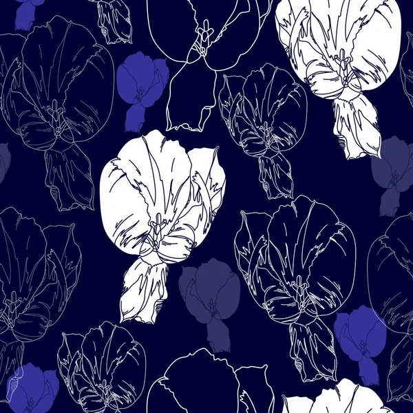 Patrón sin costuras con flores blancas sobre un fondo azul. Textura floral dibujada a mano . — Vector de stock