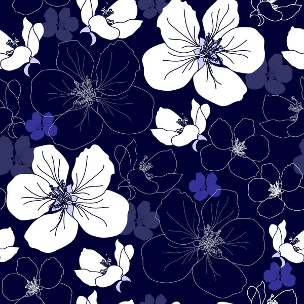 Patrón sin costuras con flores blancas sobre un fondo azul. Textura floral dibujada a mano . — Vector de stock
