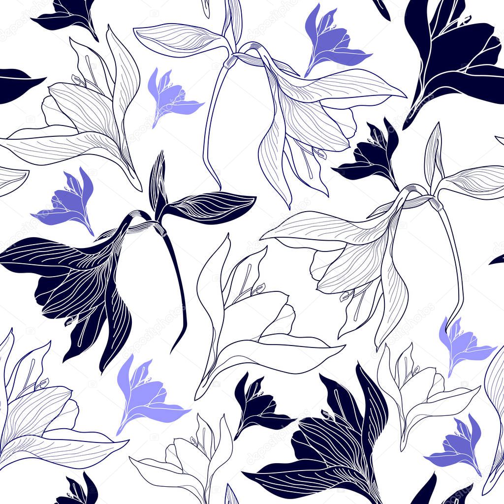 Seamless pattern with blue flowers on a white background. Hand drawn floral texture.