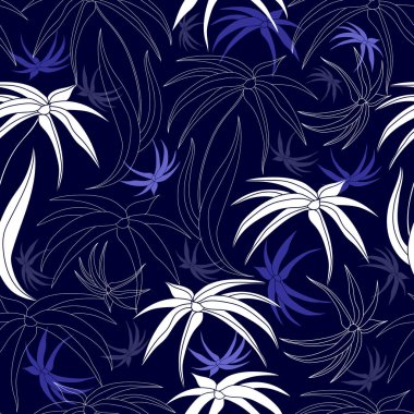 Mavi bir arka plan üzerinde beyaz çiçekler ile Seamless modeli. Elle çizilmiş çiçek doku.