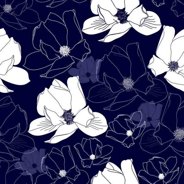 Patrón sin costuras con flores blancas sobre un fondo azul. Textura floral dibujada a mano . — Vector de stock