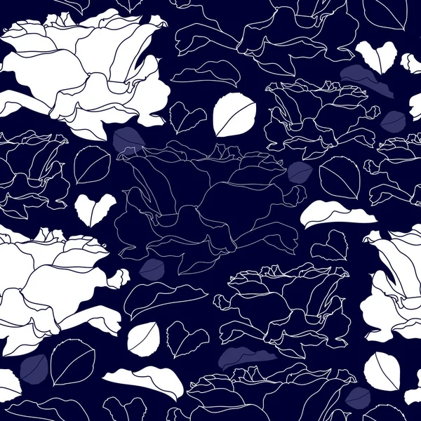 与白色的花，蓝色背景上的无缝模式。手绘花卉纹理. — 图库矢量图片