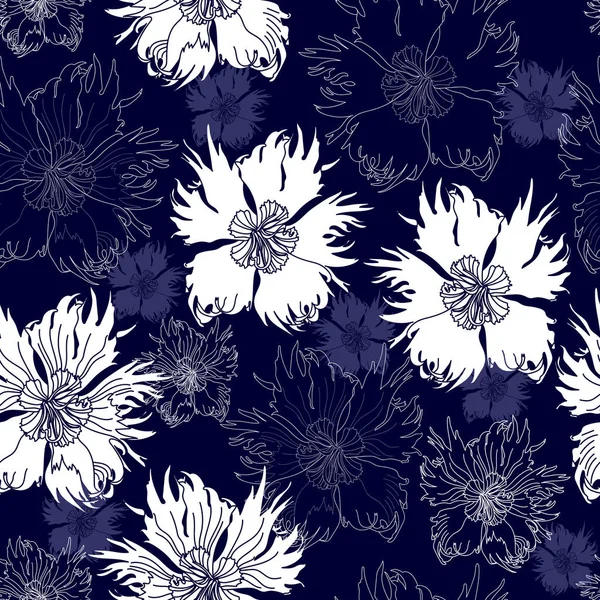 Modèle sans couture avec des fleurs blanches sur un fond bleu. Texture florale dessinée à la main . — Image vectorielle